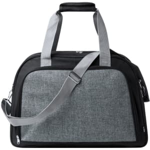 A grey and black promotional Monik Bag with sturdy handles and a removable shoulder strap, featuring a logo.