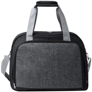 A grey and black promotional bag with sturdy handles and a shoulder strap, featuring a logo.