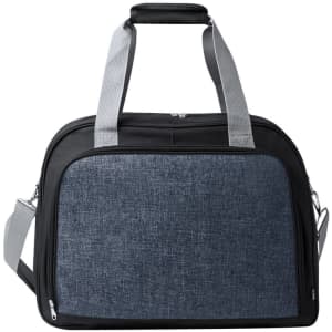 A black and navy blue bag with grey straps and a front pocket, featuring a logo on its surface.