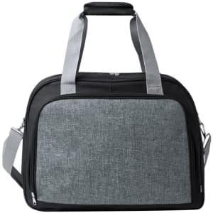 A grey and black bag with double handles and a shoulder strap, featuring a logo on the front.