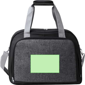 A grey and black promotional bag with dual handles and an adjustable shoulder strap, featuring a blank area for branding.