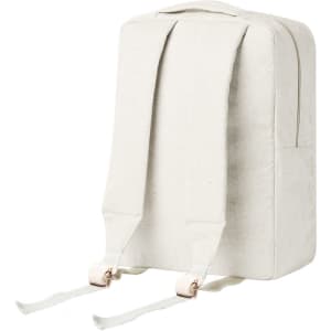 A cream-coloured backpack featuring adjustable straps and a minimalist design. It has a logo on the front.