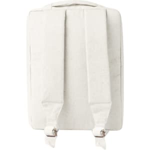 A white backpack with adjustable straps and a top handle, featuring a logo on the back.