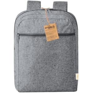 A grey backpack with two shoulder straps, featuring a front zip pocket and a tag attached.