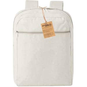 A beige backpack with a front zip pocket and dual shoulder straps. It features a tag and has a logo.