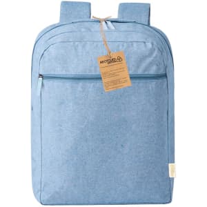 A blue backpack with a large main compartment, front zip pocket, and a tag indicating recycled materials.