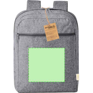 A grey backpack with two shoulder straps, featuring a green rectangular area and a tag attached.