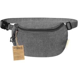 A grey waist bag with a zippered compartment, featuring a strap and a logo. Made from recycled materials.