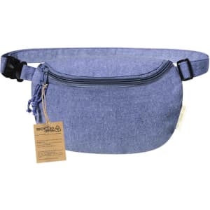 A blue recycled cotton waistbag with a zipper and adjustable strap, featuring a tag attached.