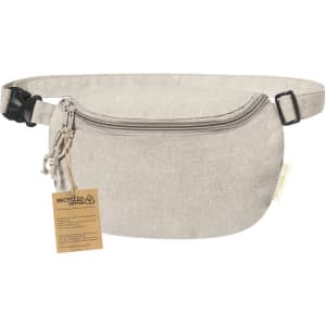 A light beige bum bag made from recycled cotton with a zippered compartment and an adjustable strap. It features a tag.
