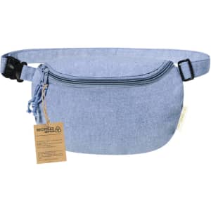A light blue waist bag with a zippered compartment and adjustable strap, featuring a tag and a logo.