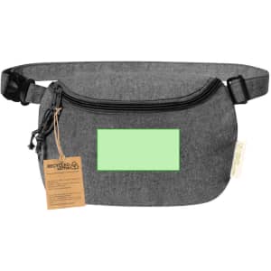 A grey waistbag with a zip closure and an attached tag, featuring a blank green area and a branding logo.
