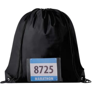 A black drawstring bag featuring a clear pocket for a race number and a logo.