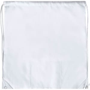 A white drawstring bag featuring a pocket and a logo, suitable for promotional use.
