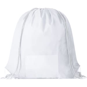 A white drawstring bag featuring a simple design and a logo, suitable for various purposes.