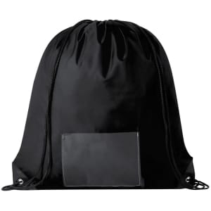 A black drawstring bag with a sleek finish and an outer pocket. Features a branding logo.