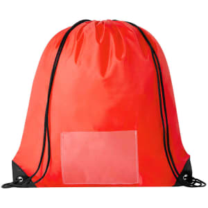A red drawstring bag with a black base and a transparent pocket, featuring a logo.