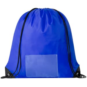 A blue drawstring bag with black accents and a transparent pocket on the front. It features a logo.