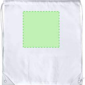 A white drawstring bag featuring a large blank square area and a small pocket at the bottom.