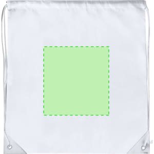 A white drawstring bag featuring a square green area with a logo. Designed for promotional use.