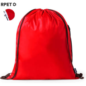 A red drawstring bag featuring a black trim and a logo. It has a smooth, shiny finish.