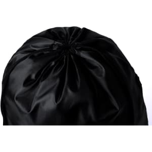 A black drawstring bag with a gathered top and a subtle logo. Smooth, shiny fabric material.
