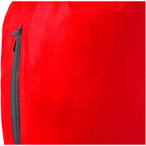 A red drawstring bag featuring a zippered pocket on the side and a smooth fabric finish.