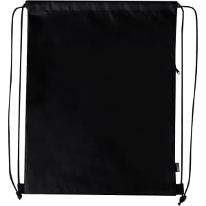 A black drawstring bag featuring adjustable cords and a logo. Ideal for carrying lightweight items.