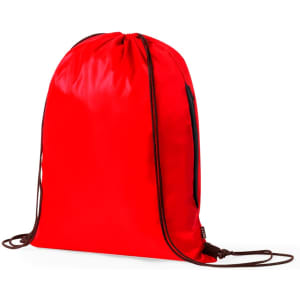 A red drawstring bag with a single compartment and a drawstring closure. It features a side pocket and has a logo.