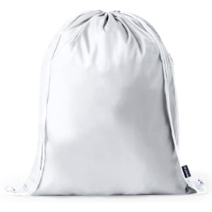 A white drawstring bag with a logo, featuring a cinched opening and contrasting white drawstrings.