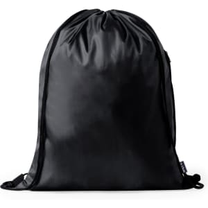 A black drawstring bag with a sleek design, featuring a logo on the side.