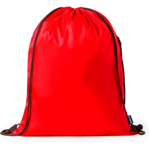 A red drawstring bag with a sleek design and a branded logo. Features adjustable straps for easy carrying.