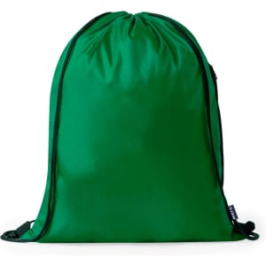 A green drawstring bag with a simple design and a logo. Features adjustable straps for easy carrying.