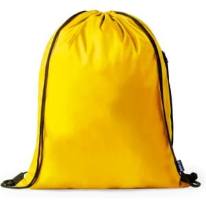 A bright yellow drawstring bag with black cord closure and a small branding logo.