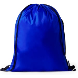 A blue drawstring bag with black accents and a logo. Ideal for carrying various items.