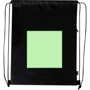 A black drawstring bag featuring a rectangular green area in the centre and a logo on one side.