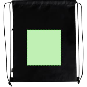 A black drawstring bag featuring a square green area and a logo. Suitable for carrying personal items.