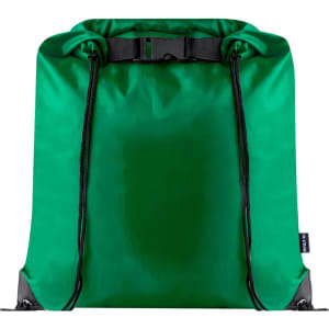 A green drawstring bag with black straps and a buckle closure, featuring a logo.