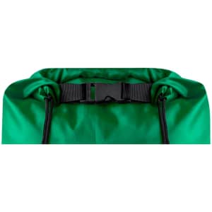 A green drawstring bag featuring a black buckle and adjustable straps, with a smooth fabric texture.