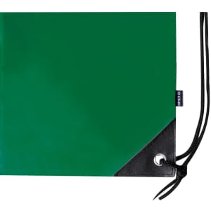 A green drawstring bag with a black corner detail and a contrasting black drawstring. Features a logo.