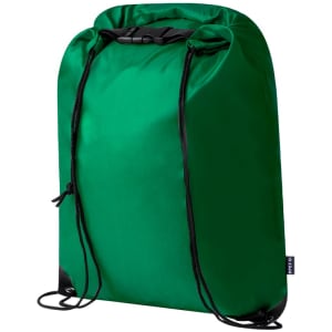 A green drawstring bag with black straps and a logo. Ideal for carrying items easily.