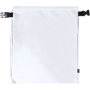 A white drawstring bag with a black fastening and a logo on the side. Simple and functional design.