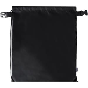 A black drawstring bag featuring a sleek design and a logo. Ideal for carrying various items.