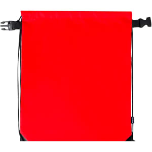 A red drawstring bag with a black fastening and a small logo or branding.