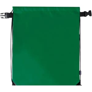 A green drawstring bag with black straps and a logo on one side.