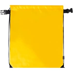 A bright yellow drawstring bag with a black trim and adjustable closure. It features a logo on the side.