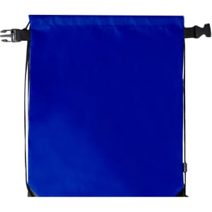 A blue drawstring bag with a secure closure and adjustable straps, featuring a logo on the side.