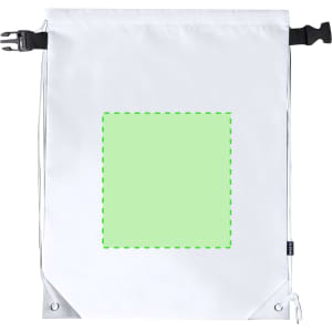 A white drawstring bag with a green square design area and a fastening clip at the top.