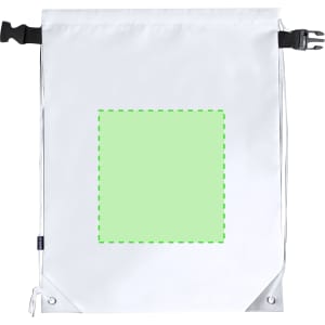 A white drawstring bag featuring a blank green square in the centre and a logo at the top.