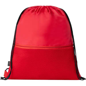 A red drawstring bag with a textured bottom and a zippered pocket. It features a logo on the side.